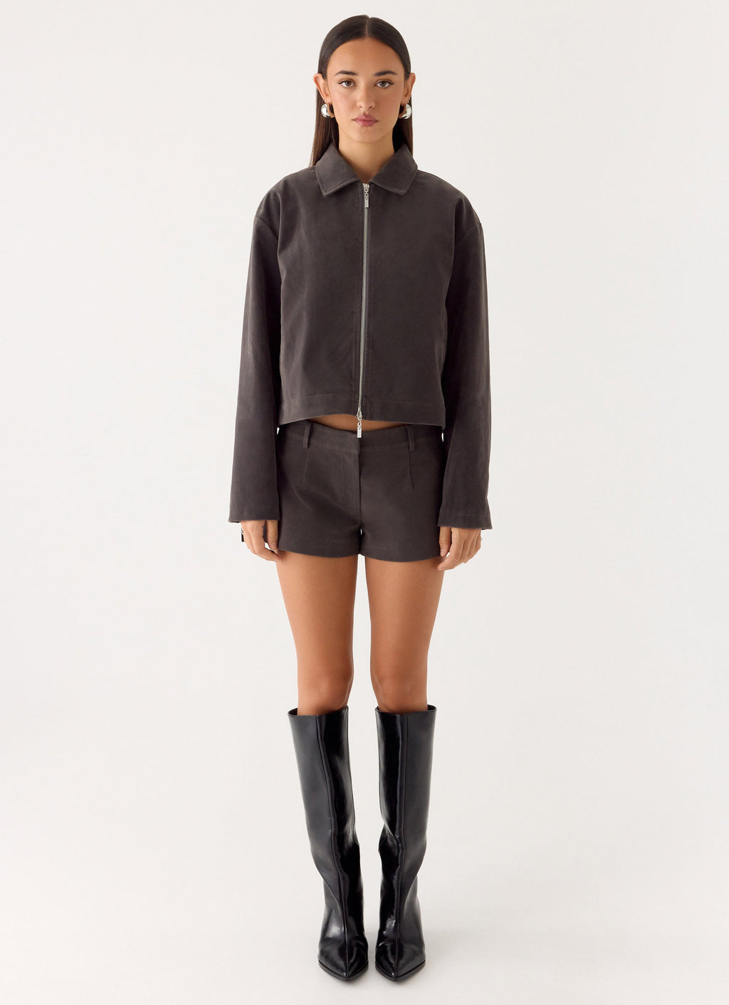 Austina Faux Suede Boxy Jacket - Tan Grey